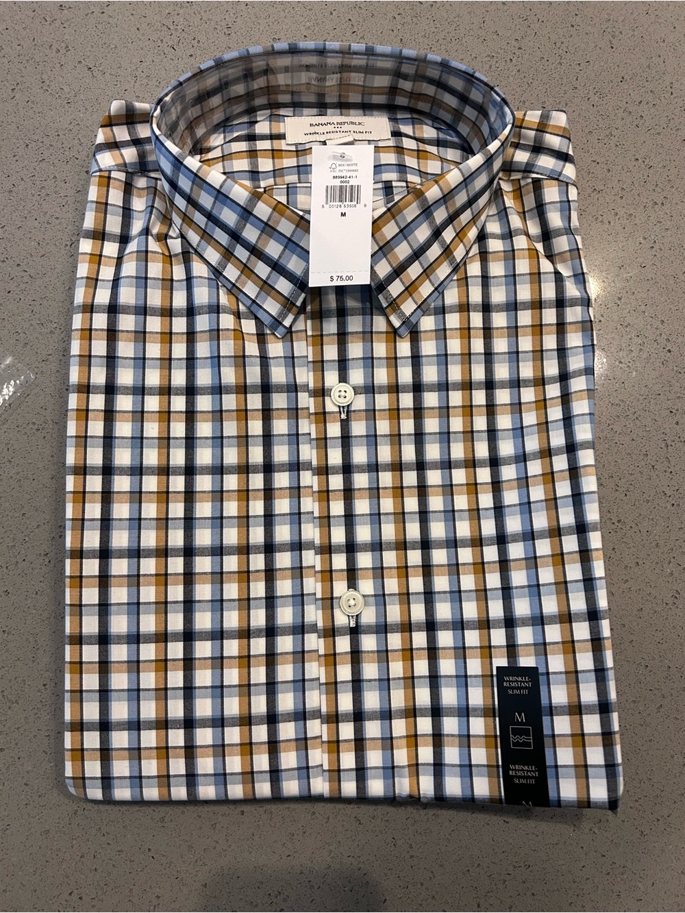Banana Republic Men's Slim Fit Blue and Brown Check Dress Shirt